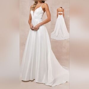 Lulus Exceptional Passion White Satin Cutout Maxi Dress Wedding Gown w Pockets L